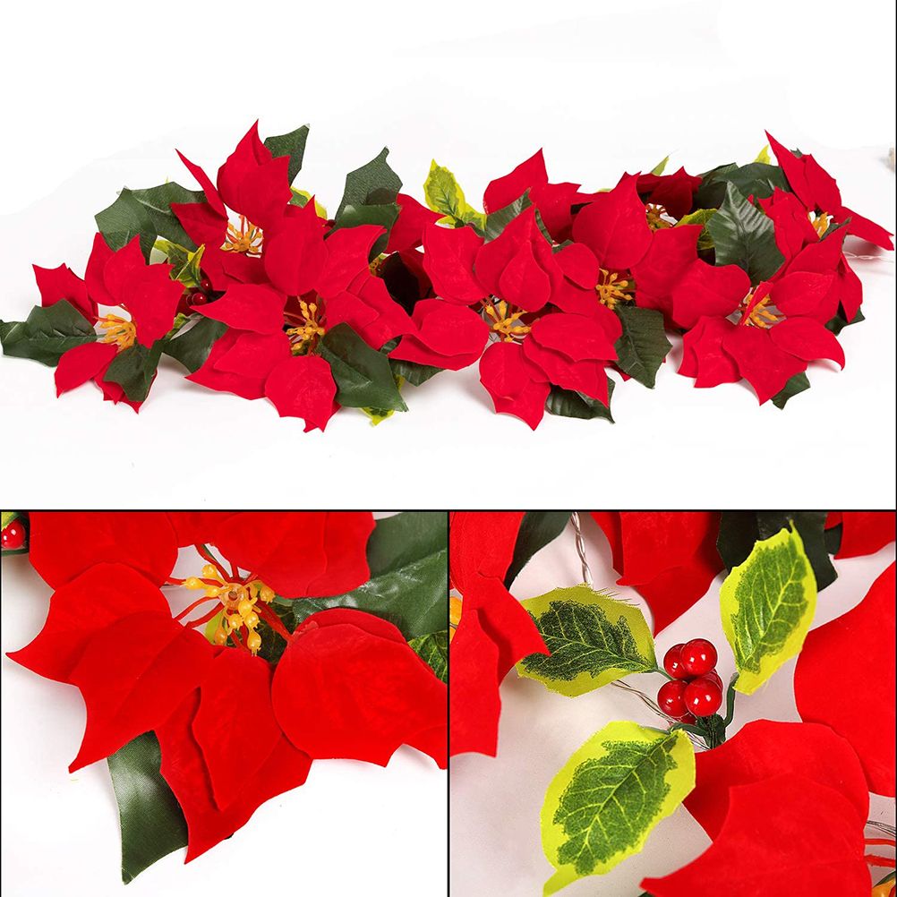 Christmas Poinsettia Garland String Lights 10 LED Artificial Flower Christmas String Lights Christmas Tree Ornaments Indoor Outdoor Party Decor