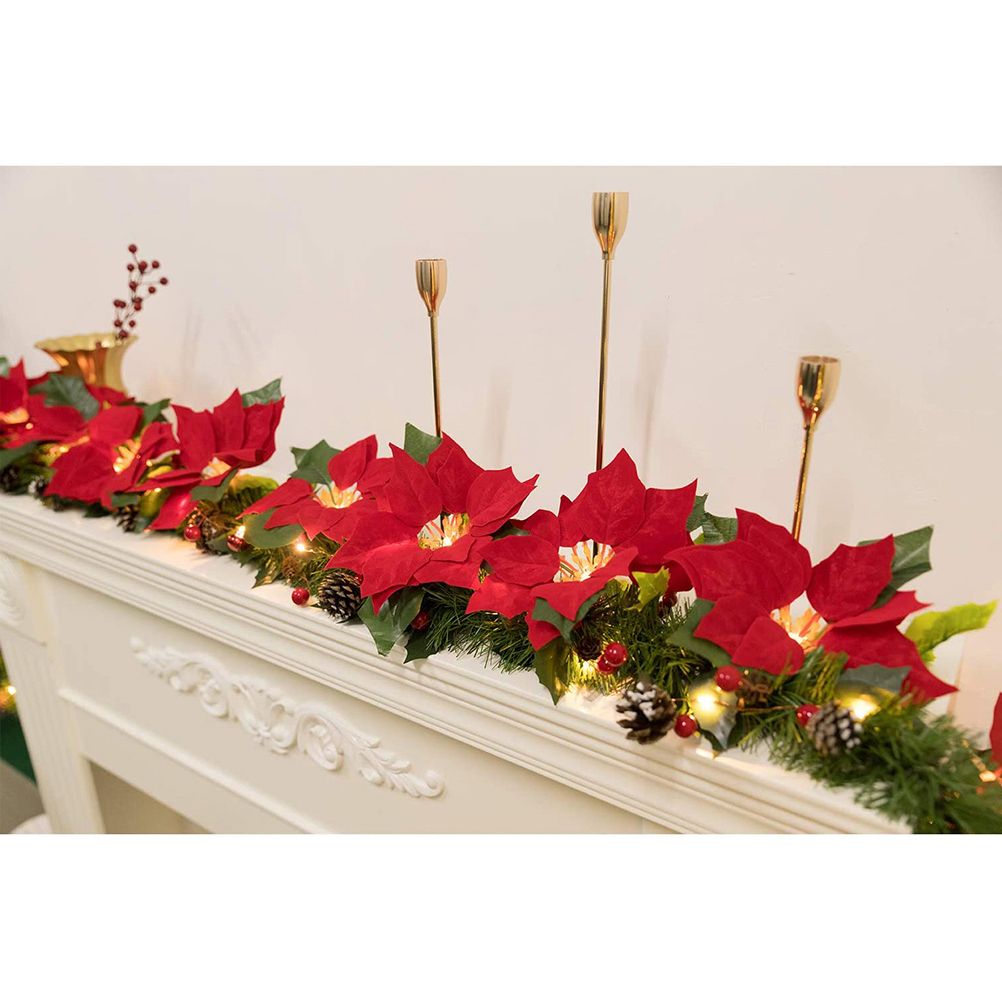 Christmas Poinsettia Garland String Lights 10 LED Artificial Flower Christmas String Lights Christmas Tree Ornaments Indoor Outdoor Party Decor