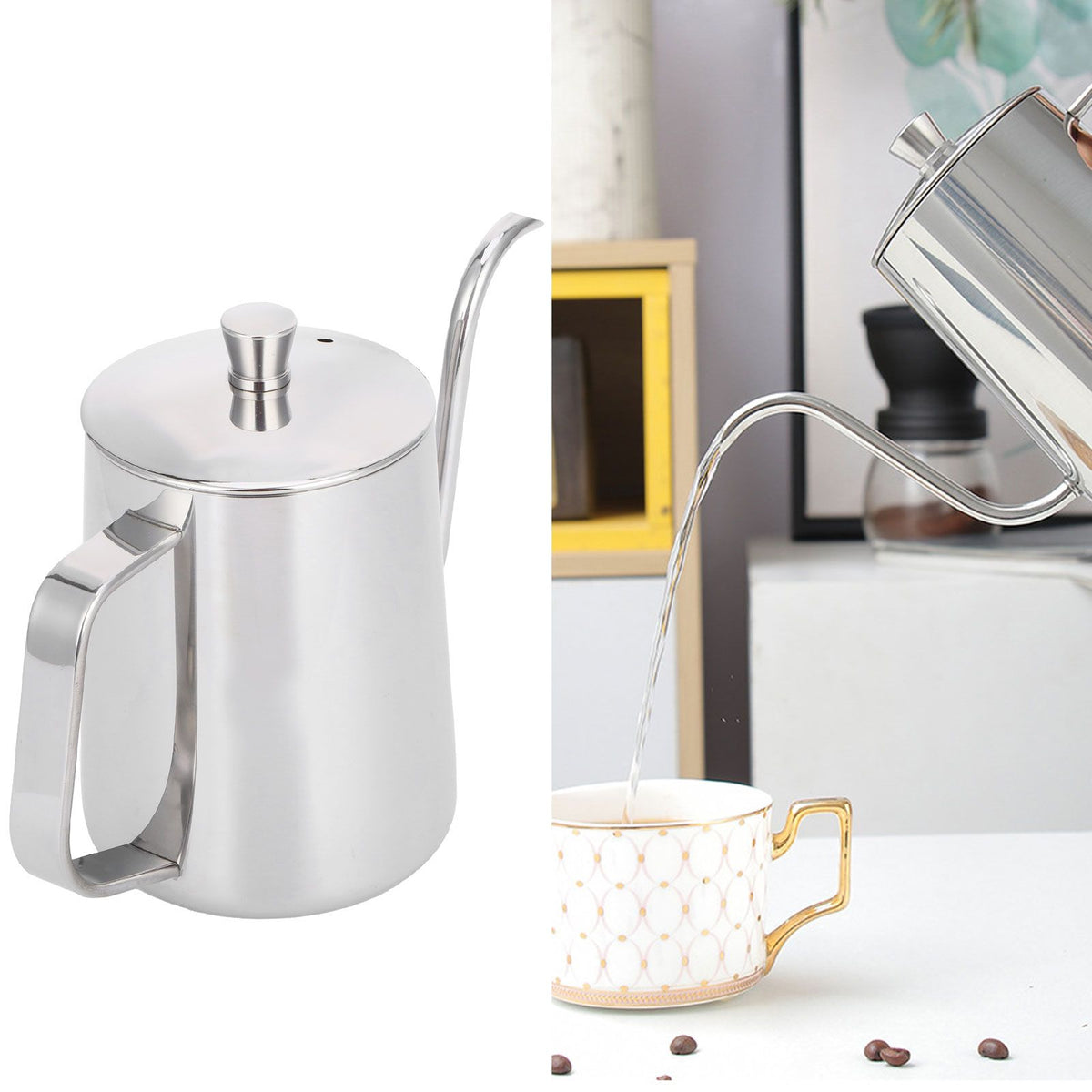 600ml Coffee Drip Kettle 304 Stainless Steel Slender Spout Thicken Coffee Pot with Cover