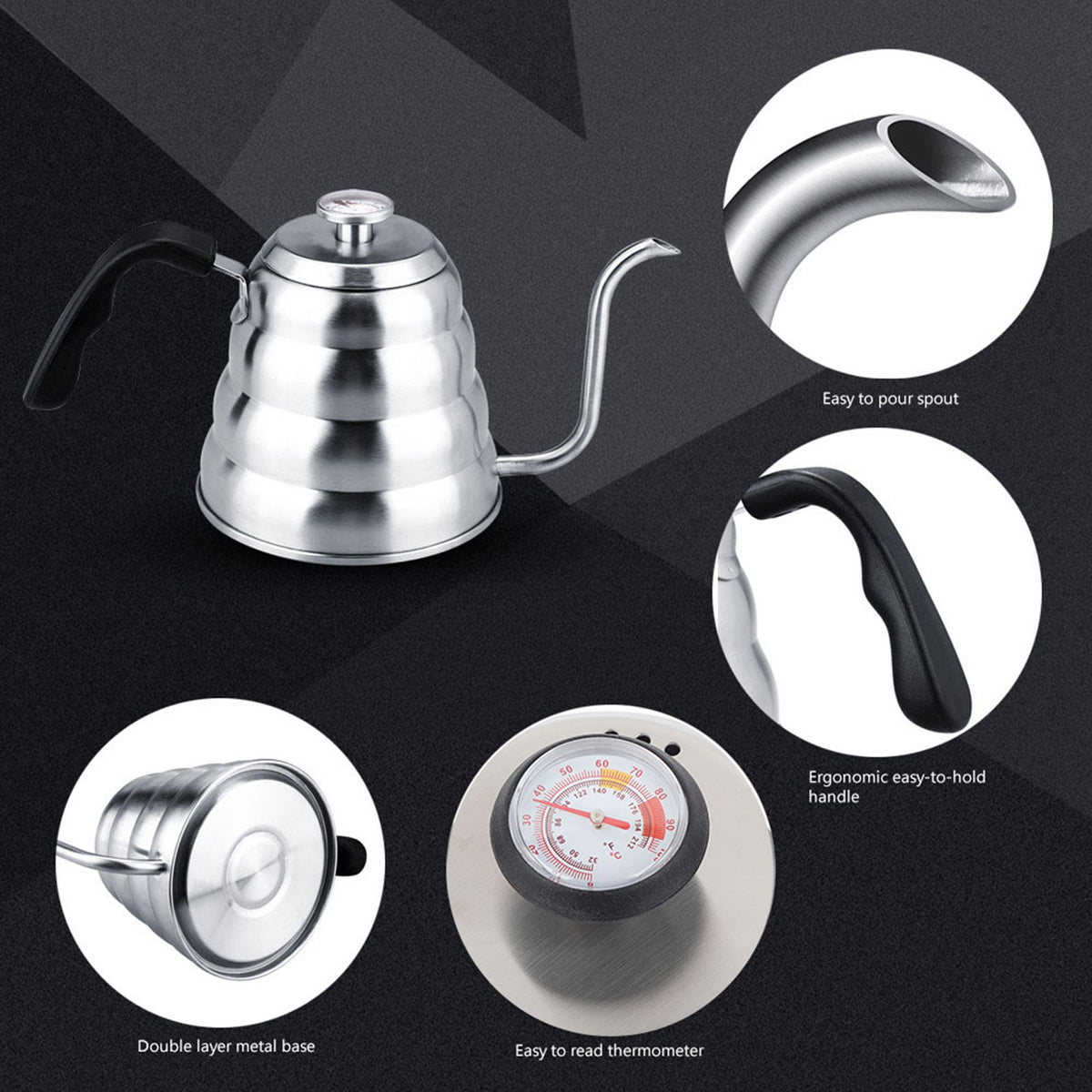 304 Stainless Steel Pour Over Coffee Gooseneck Kettle Teapot with Thermometer Home 1.2L