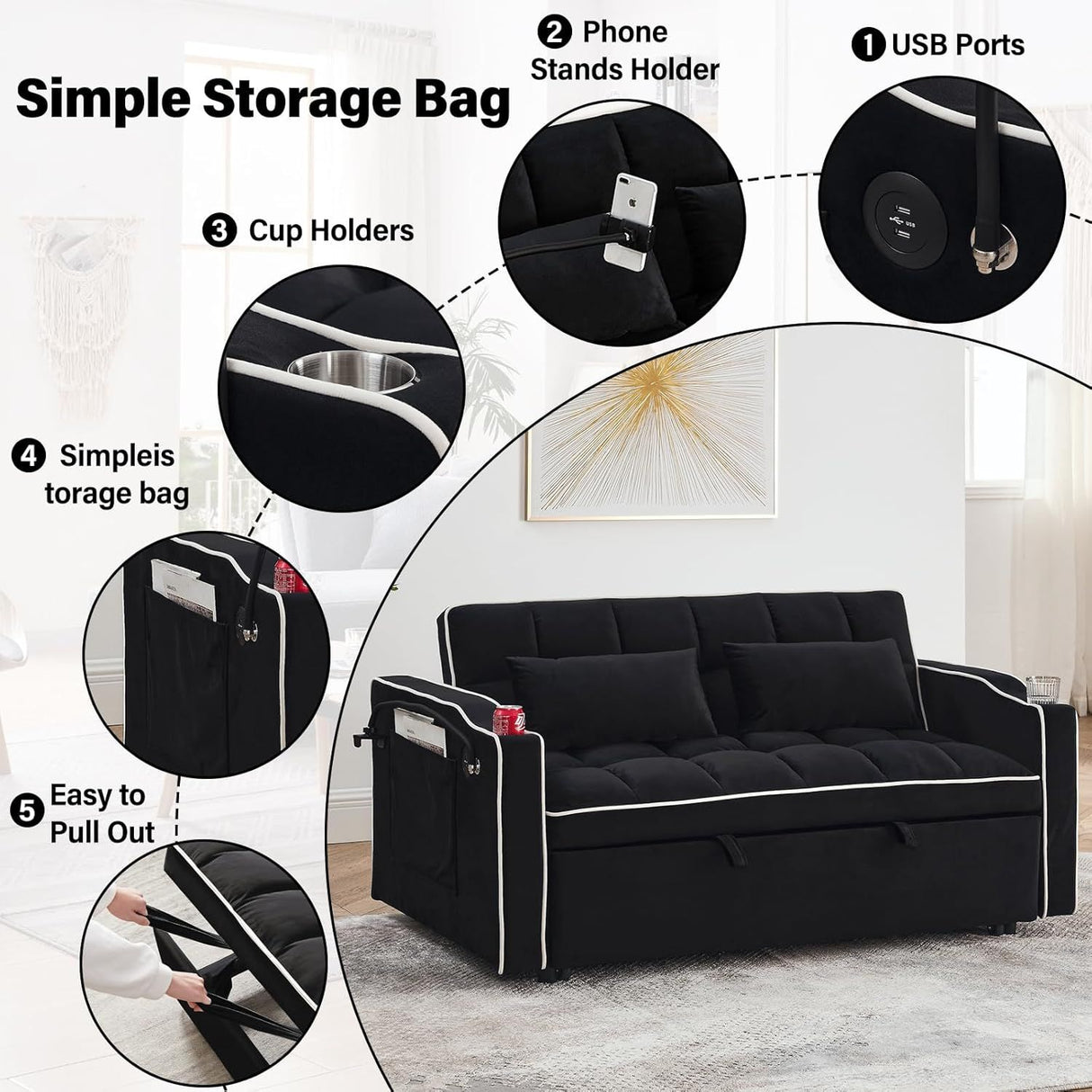 Fashionable Modern and Multi-functional Foldable Velvet Sofa Bed - Black
