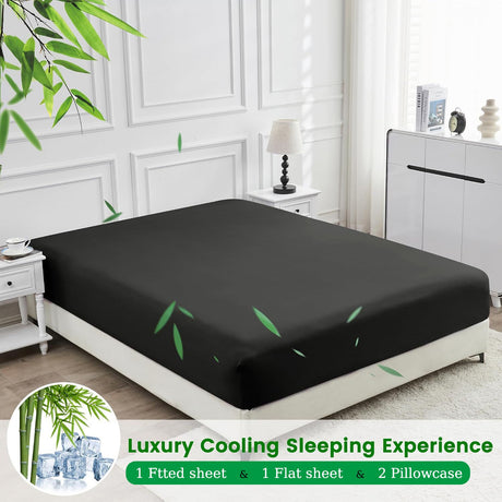 4 Piece Ultra Soft Bamboo Breathable Sheet Set -Hotel 2000TC Breathable Bed Sheets Set with 37 Centimetre Deep Pocket-Breathable Sheets for Hot Sleepers(Black,Double)