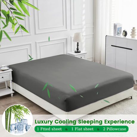 4 Piece Ultra Soft Bamboo Breathable Sheet Set -Hotel 2000TC Breathable Bed Sheets Set with 37 Centimetre Deep Pocket-Breathable Sheets for Hot Sleepers(Grey,Double)