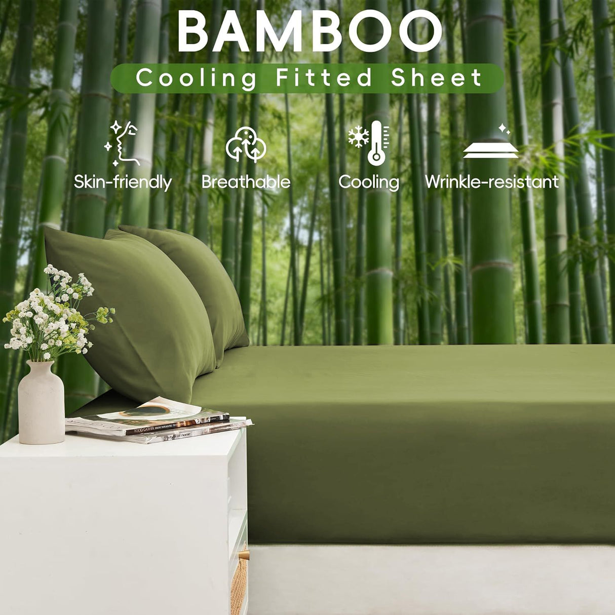 4 Piece Ultra Soft Bamboo Breathable Sheet Set -Hotel 2000TC Breathable Bed Sheets Set with 37 Centimetre Deep Pocket-Breathable Sheets for Hot Sleepers(Olive green,Double)