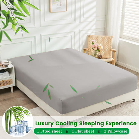 4 Piece Ultra Soft Bamboo Breathable Sheet Set -Hotel 2000TC Breathable Bed Sheets Set with 37 Centimetre Deep Pocket-Breathable Sheets for Hot Sleepers(Silver-gray,Double)