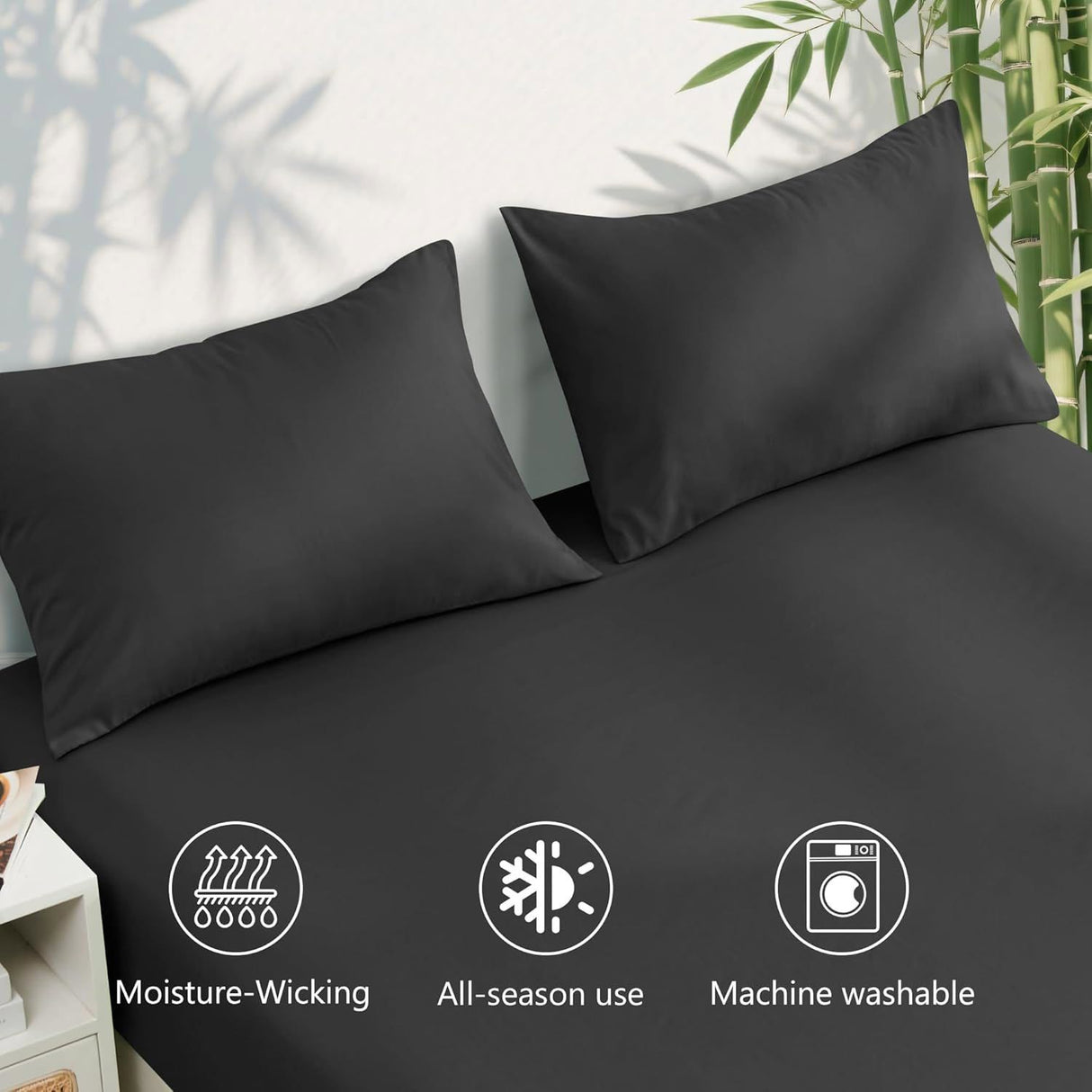 3 Piece Ultra Soft Bamboo Breathable Sheet Set -Hotel 2000TC Breathable Bed Sheets Set with 37 Centimetre Deep Pocket-Breathable Sheets for Hot Sleepers(Black,King Single)
