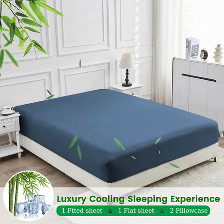 4 Piece Ultra Soft Bamboo Breathable Sheet Set -Hotel 2000TC Breathable Bed Sheets Set with 37 Centimetre Deep Pocket-Breathable Sheets for Hot Sleepers(Navy,Queen)