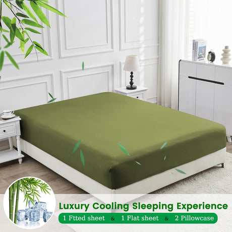 3 Piece Ultra Soft Bamboo Breathable Sheet Set -Hotel 2000TC Breathable Bed Sheets Set with 37 Centimetre Deep Pocket-Breathable Sheets for Hot Sleepers(Olive green,Single)