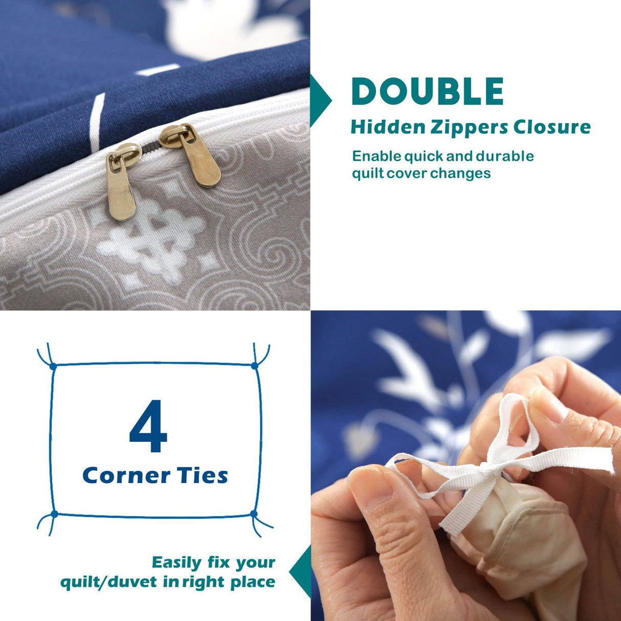 3 Piece Hotel Soft Microfiber Quilt Cover Set-2000TC Duvet/Donna Cover Set & Pillowcases -1 Quilt Cover Zipper Closure & 1 x Pillowcases-Breathable Bedding - Wrinkle, Fade, Stain Resistant(Navy Floral,Double)