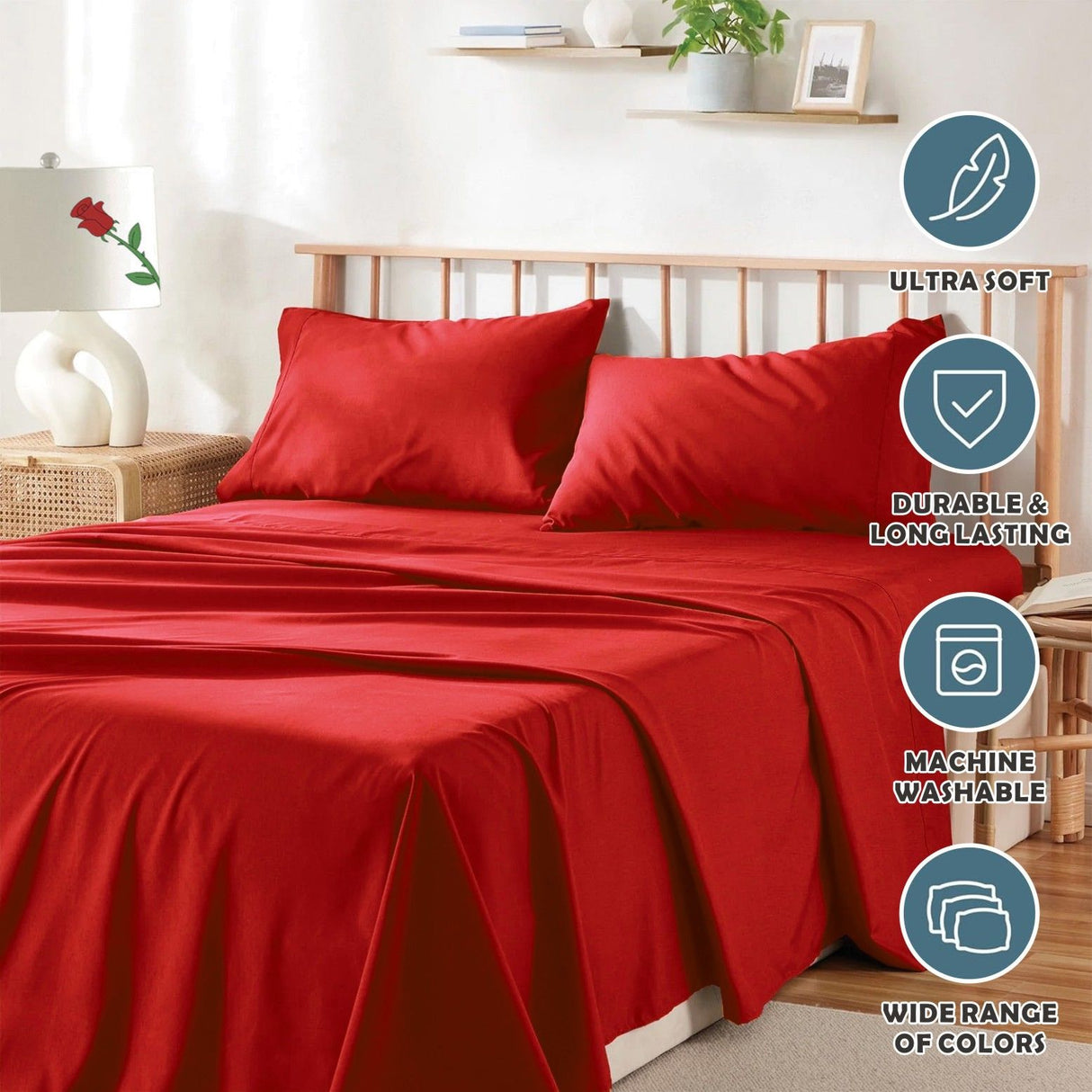 3 Piece Bed Sheet Set- Bedding Sheets & Pillowcases -Breathable Bedding - Wrinkle, Fade, Stain Resistant-Deep Pocket Flat Fitted Bed Sheet Set(Red,King Single)