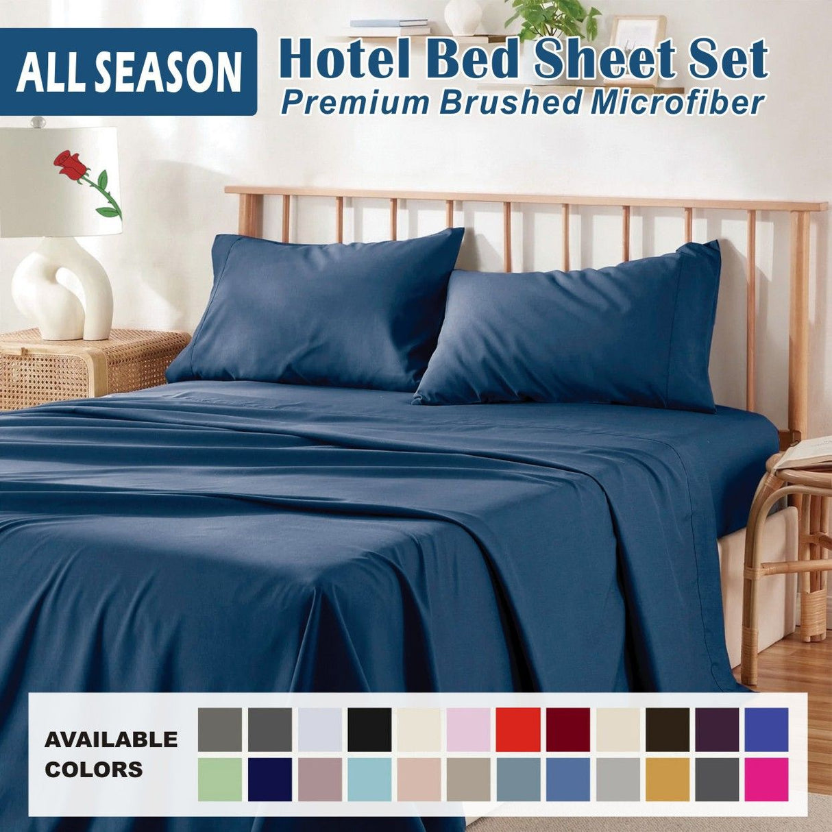 4 Piece Bed Sheet Set- Bedding Sheets & Pillowcases -Breathable Bedding - Wrinkle, Fade, Stain Resistant-Deep Pocket Flat Fitted Bed Sheet Set(Navy,Queen)
