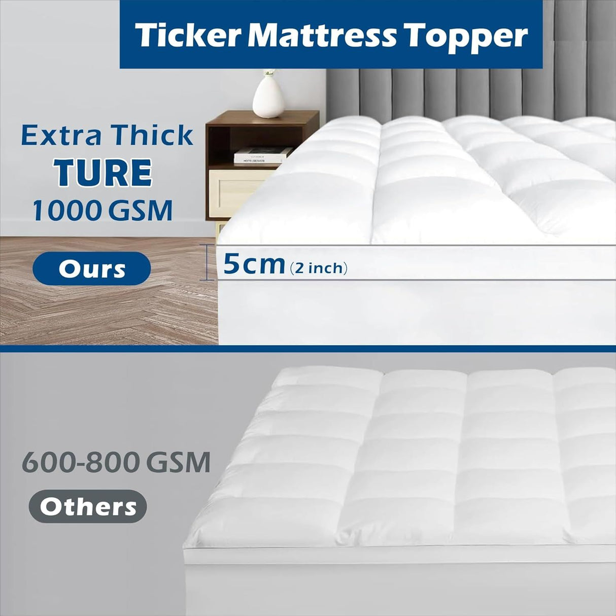 1000GSM Mattress Topper Viscose Derived from Bamboo, Thick Pillowtop Fitted Mattress Cover with 45cm Deep Skirt - Machine Washable Hypoallergenic(Double,Black)