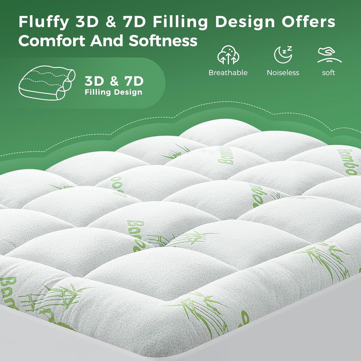800GSM Mattress Topper Viscose Derived from Bamboo, Thick Pillowtop Fitted Mattress Cover with 45cm Deep Skirt - Machine Washable Hypoallergenic（King Single,Green）