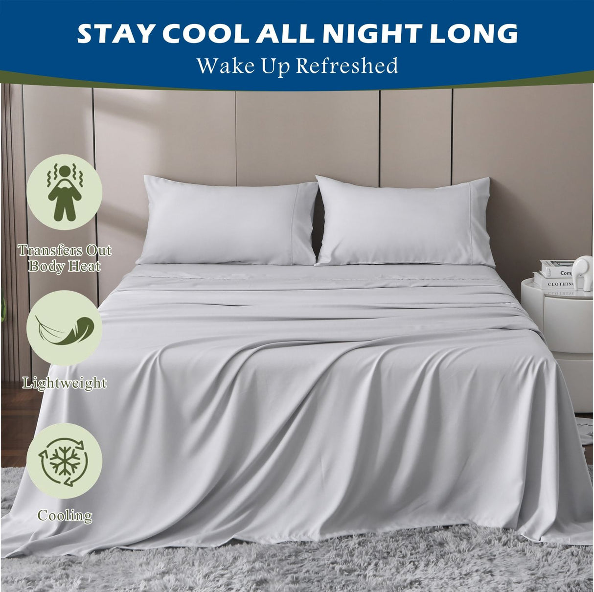 4 Piece Hotel Bamboo Cooling Sheet Set -Ultra Soft 2000TC Breathable Bed Sheets Set with 37 Centimetre Deep Pocket-Cooling Sheets for Hot Sleepers(Silver-gray,Queen)