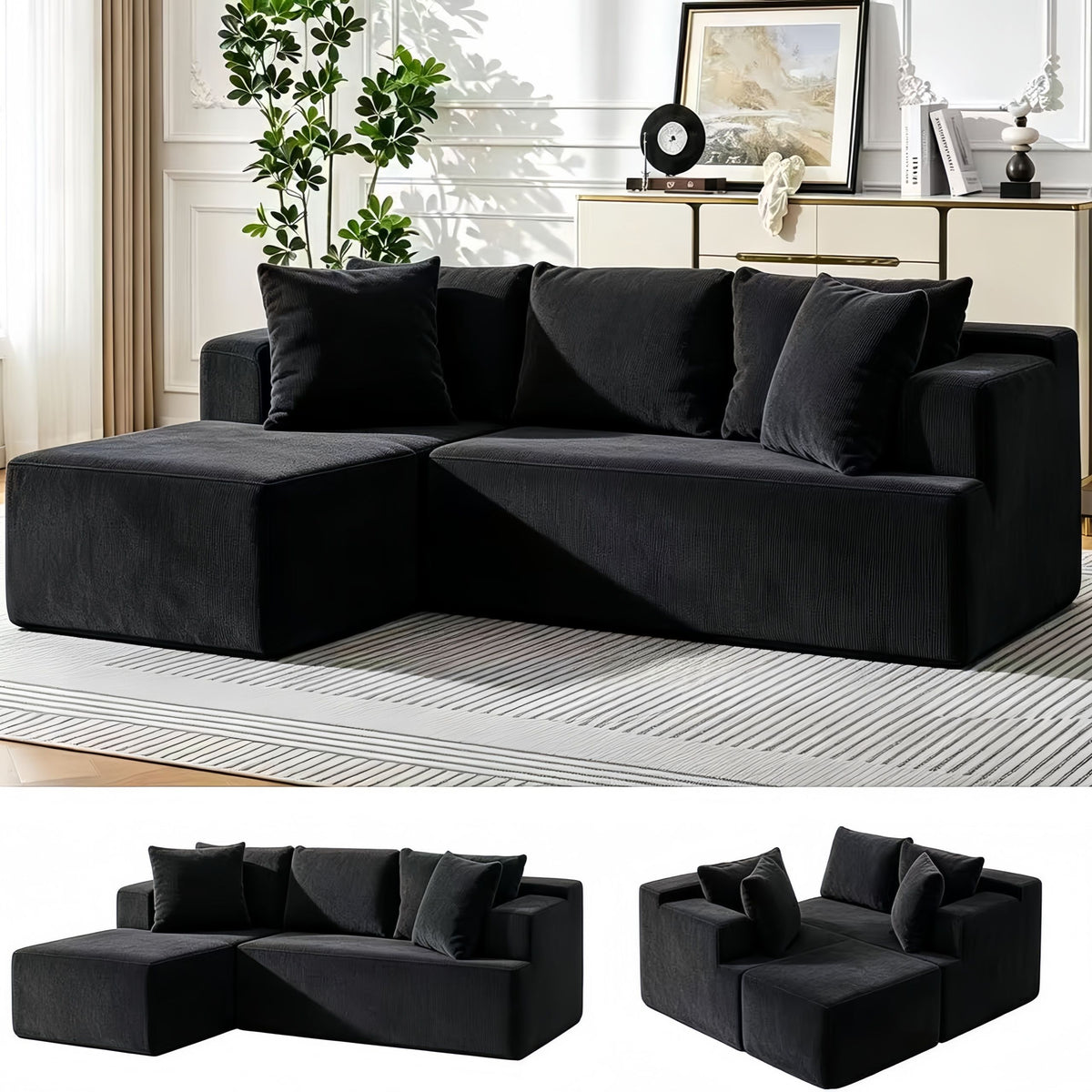Couch Modular Sectional 3 Seater Sofa L-Shaped Black,81" Boneless Sofa Bed, Deep Seat and Side Pockets,Breathable Cheneille, High Density Pure Sponge,No Assembly Needed