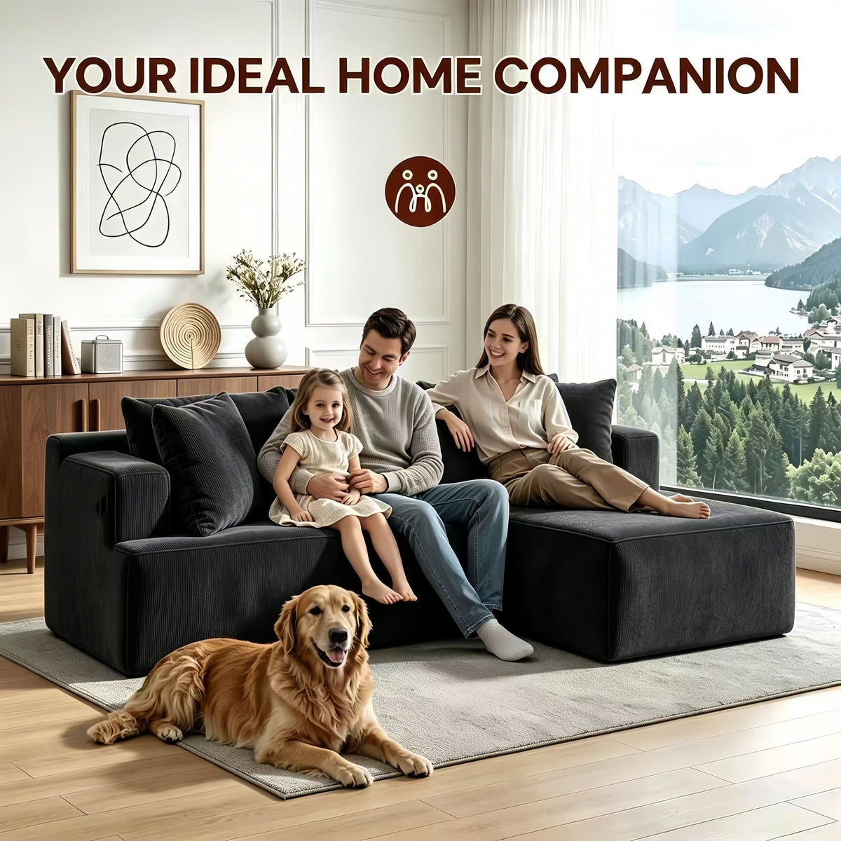 Couch Modular Sectional 3 Seater Sofa L-Shaped Black,81" Boneless Sofa Bed, Deep Seat and Side Pockets,Breathable Cheneille, High Density Pure Sponge,No Assembly Needed