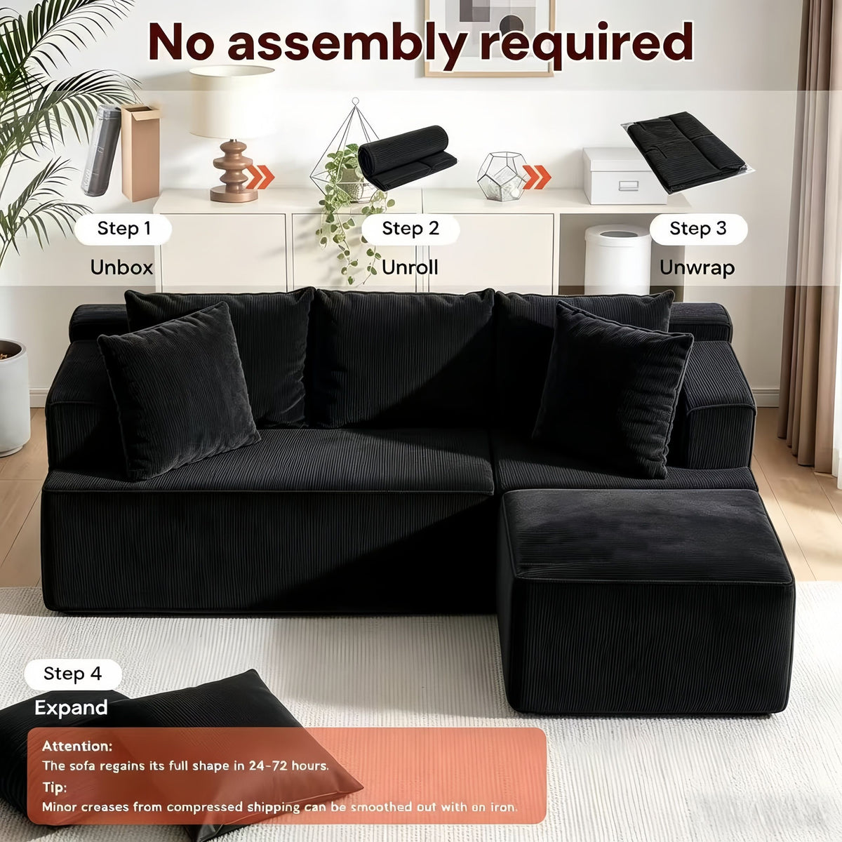 Couch Modular Sectional 3 Seater Sofa L-Shaped Black,81" Boneless Sofa Bed, Deep Seat and Side Pockets,Breathable Cheneille, High Density Pure Sponge,No Assembly Needed