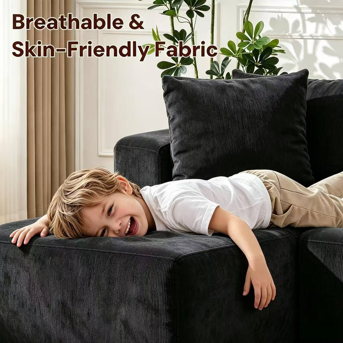 Couch Modular Sectional 3 Seater Sofa L-Shaped Black,81" Boneless Sofa Bed, Deep Seat and Side Pockets,Breathable Cheneille, High Density Pure Sponge,No Assembly Needed