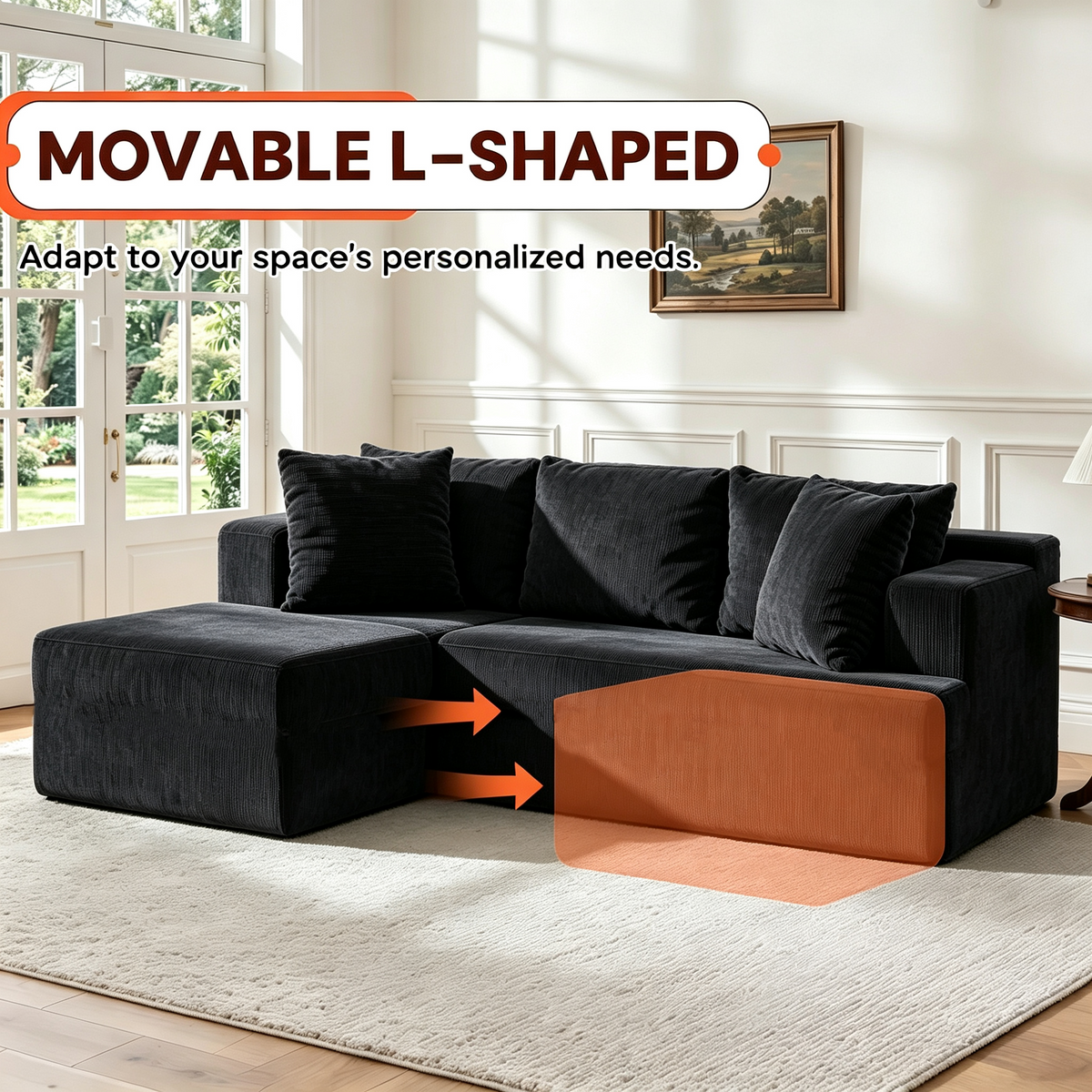 Couch Modular Sectional 3 Seater Sofa L-Shaped Black,81" Boneless Sofa Bed, Deep Seat and Side Pockets,Breathable Cheneille, High Density Pure Sponge,No Assembly Needed
