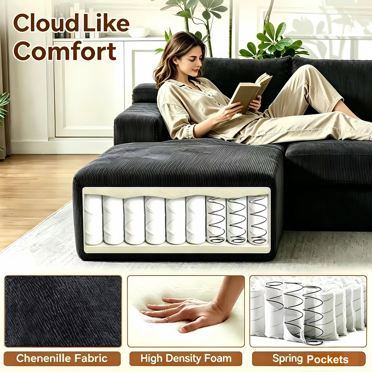 Couch Modular Sectional 3 Seater Sofa L-Shaped Black,81" Boneless Sofa Bed, Deep Seat and Side Pockets,Breathable Cheneille, High Density Pure Sponge,No Assembly Needed