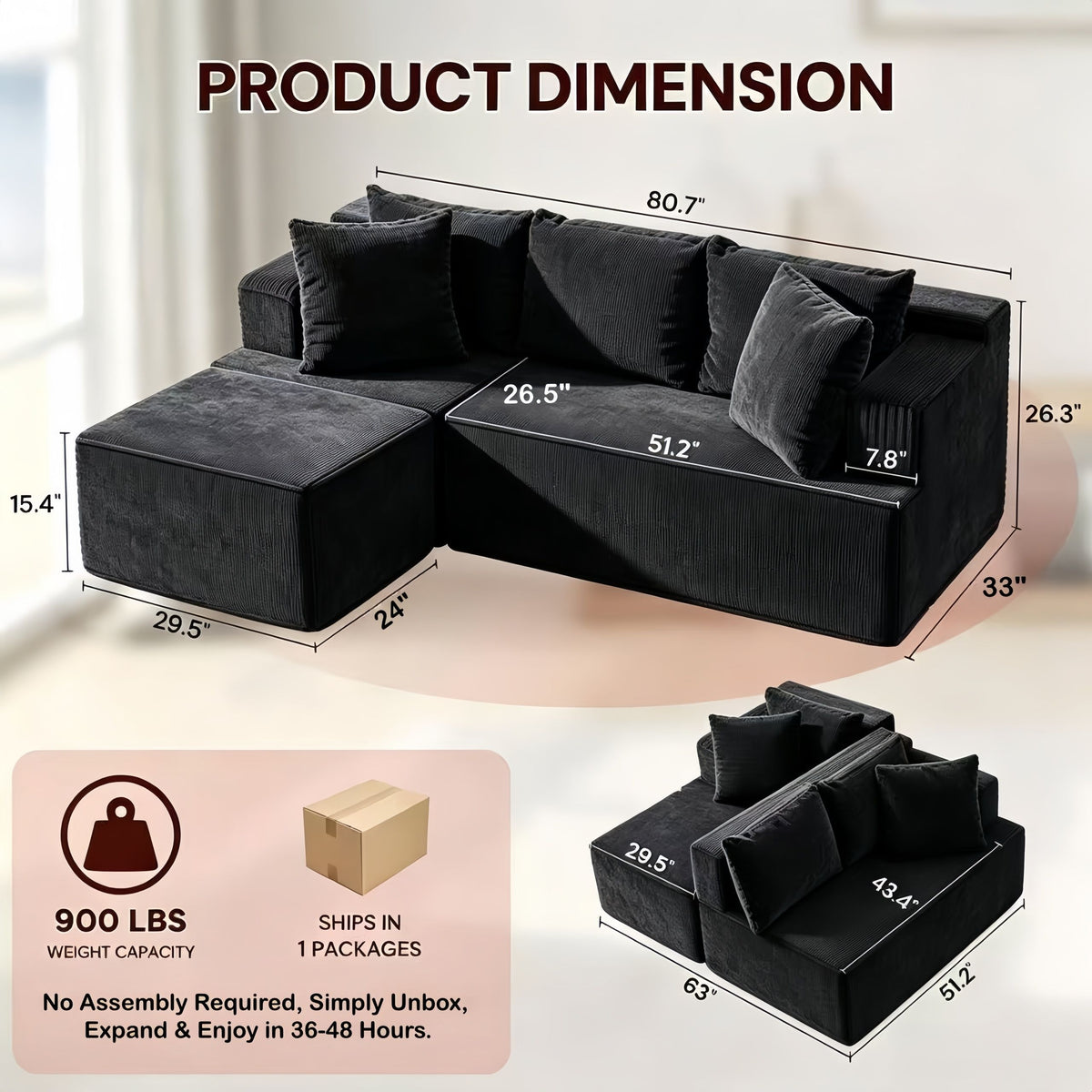 Couch Modular Sectional 3 Seater Sofa L-Shaped Black,81" Boneless Sofa Bed, Deep Seat and Side Pockets,Breathable Cheneille, High Density Pure Sponge,No Assembly Needed