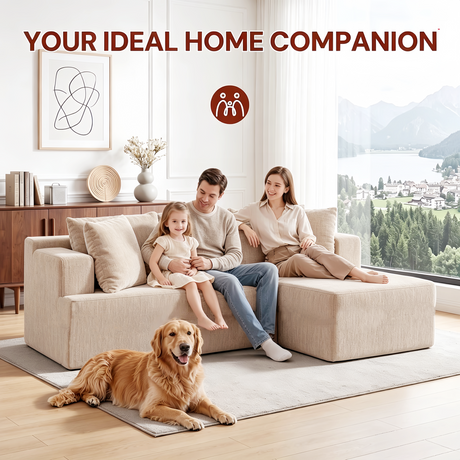 Couch Modular Sectional 3 Seater Sofa L-Shaped Khaki，81" Boneless Sofa Bed, Deep Seat and Side Pockets,Breathable Cheneille, High Density Pure Sponge,No Assembly Needed