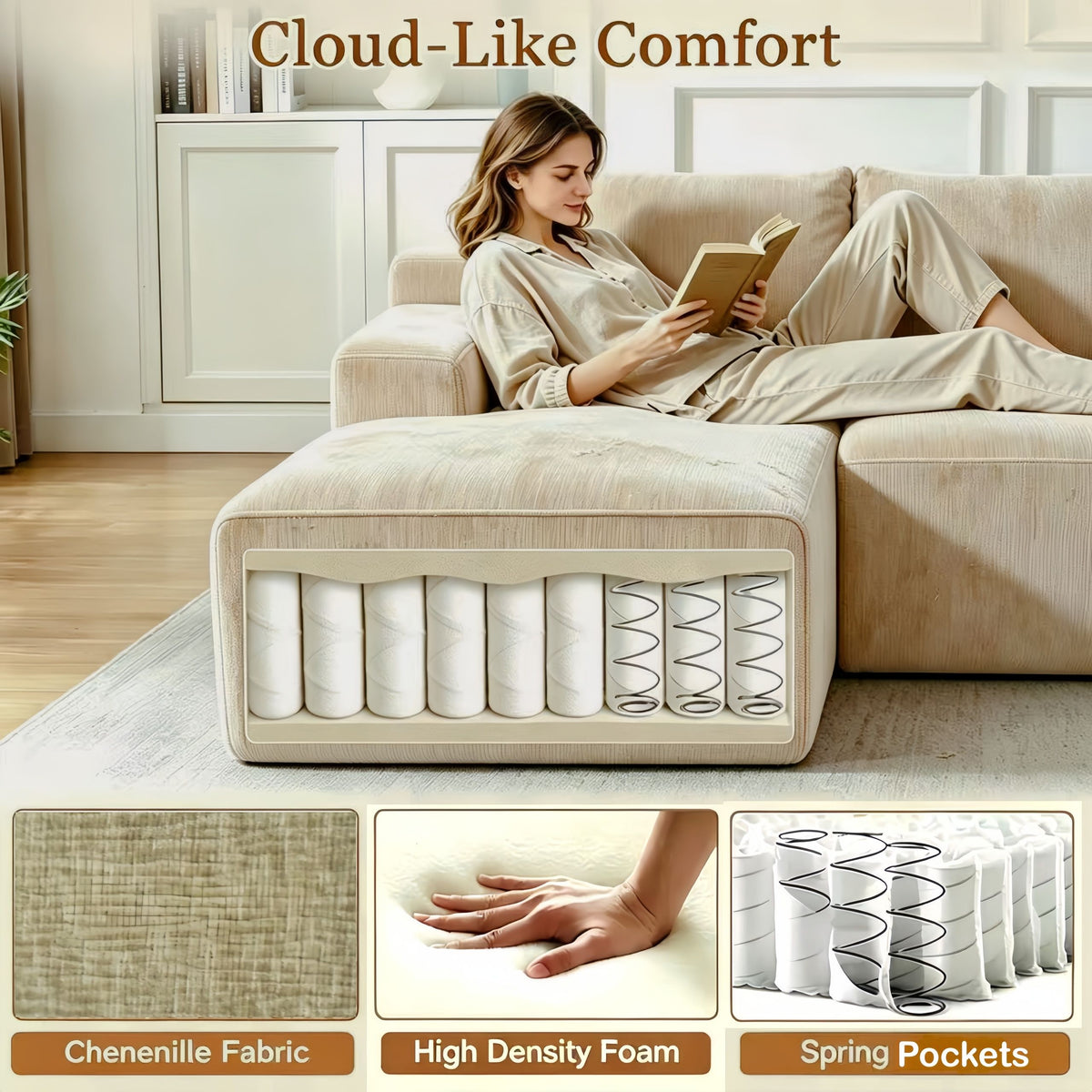Couch Modular Sectional 3 Seater Sofa L-Shaped Khaki，81" Boneless Sofa Bed, Deep Seat and Side Pockets,Breathable Cheneille, High Density Pure Sponge,No Assembly Needed