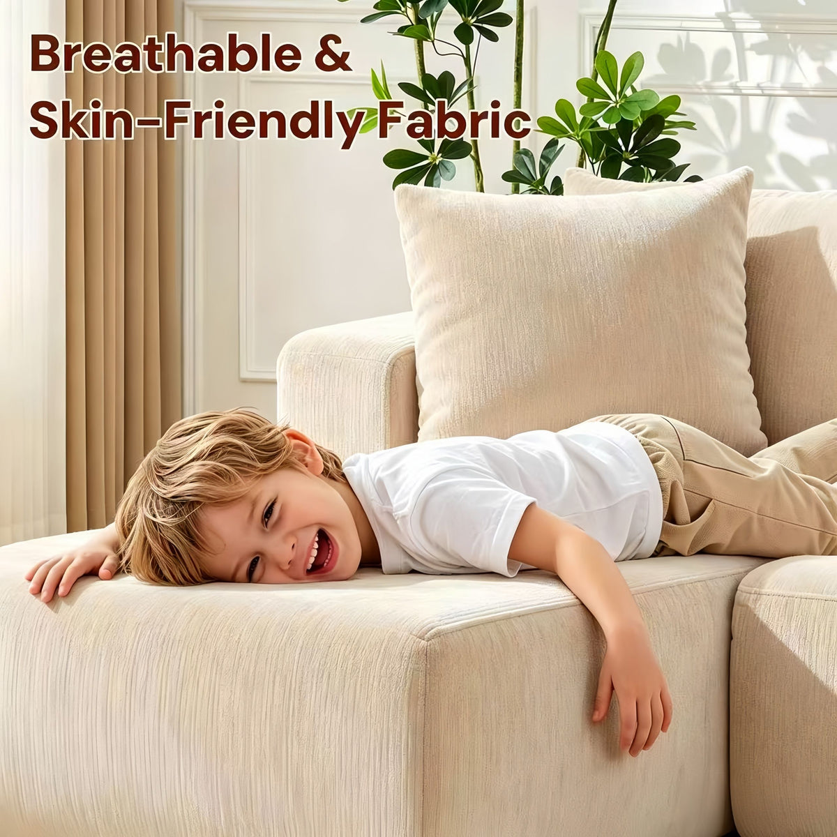 Couch Modular Sectional 3 Seater Sofa L-Shaped Khaki，81" Boneless Sofa Bed, Deep Seat and Side Pockets,Breathable Cheneille, High Density Pure Sponge,No Assembly Needed