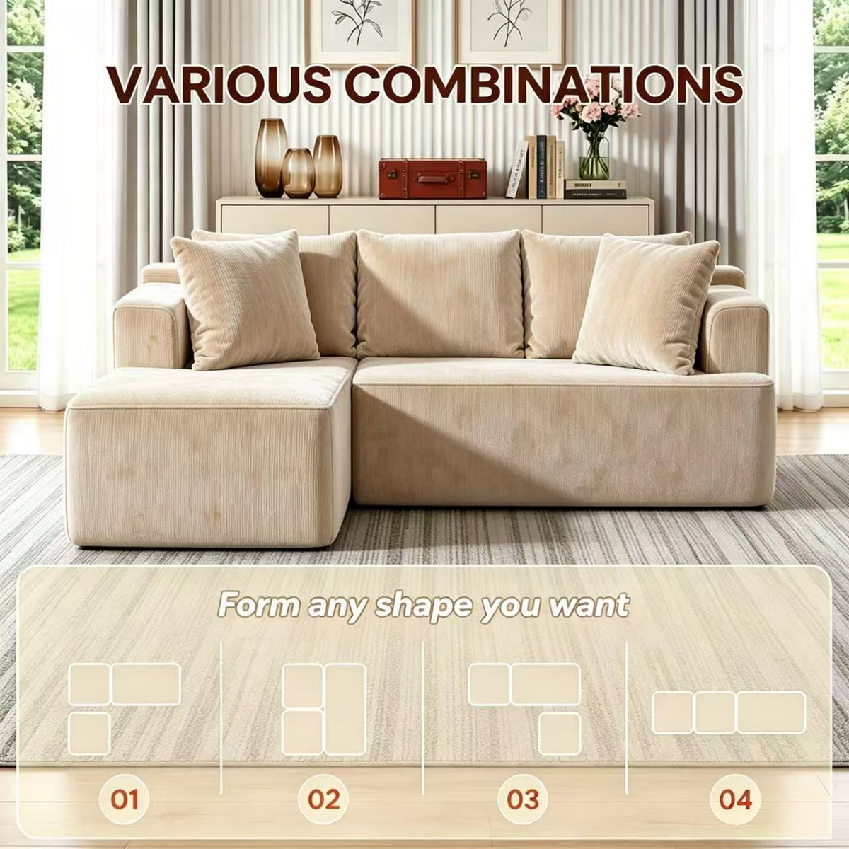 Couch Modular Sectional 3 Seater Sofa L-Shaped Khaki，81" Boneless Sofa Bed, Deep Seat and Side Pockets,Breathable Cheneille, High Density Pure Sponge,No Assembly Needed