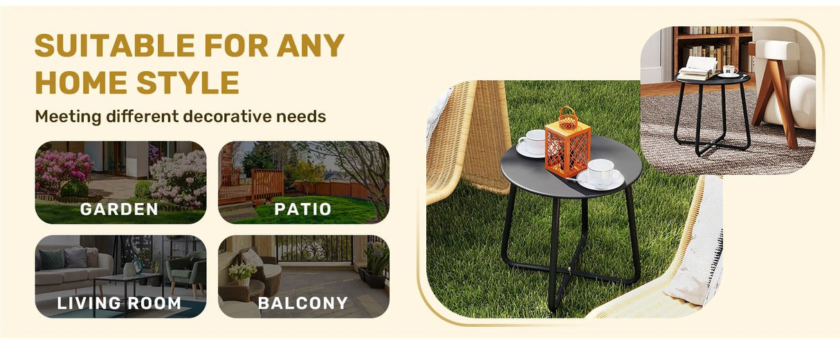 Outdoor Metal Side Table – Rust-Resistant Patio Small Round End Table, Accent Coffee Table for Balcony, Garden, Porch, Living Room & Bedroom – Lightweight Portable Plant Stand, Black