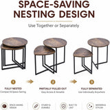 Nesting Side Tables Set of 2, Round End Tables with Rustic Brown Wood Look Top and Black Metal Frame, Space Saving Accent Coffee Tables for Living Room, Bedroom, Sofa Side, Bedside, Small Spaces
