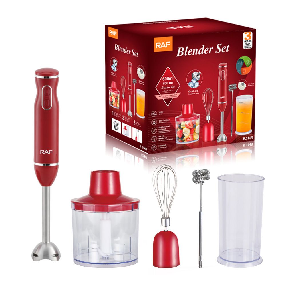 4-in-1 Multifunctional Handheld Immersion Blender Set with Egg Whisk, Chopper, Milk Frother and 700ml Beaker for Smoothies, Baby Food, Meat Mincing and Baking (Red)
