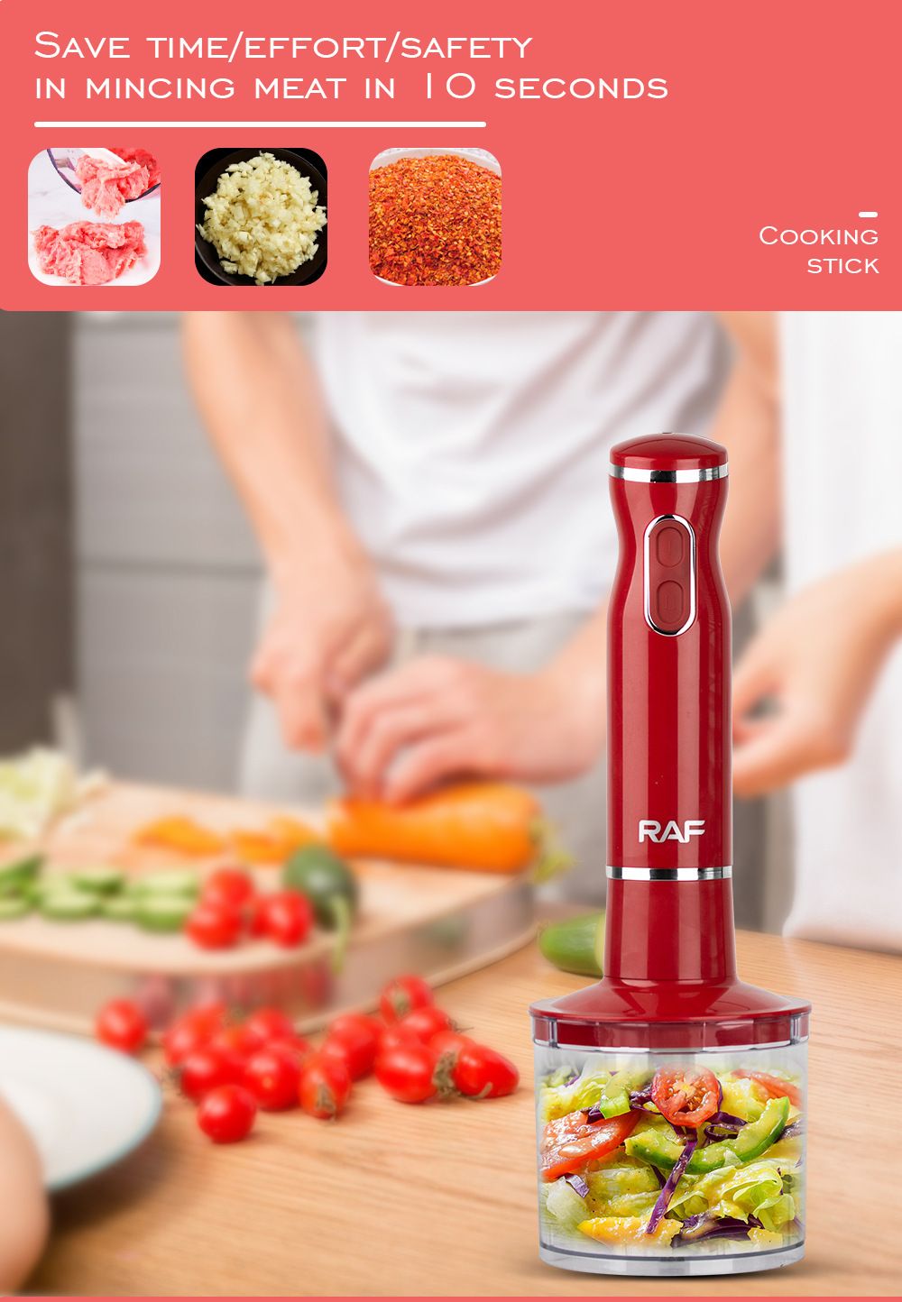 4-in-1 Multifunctional Handheld Immersion Blender Set with Egg Whisk, Chopper, Milk Frother and 700ml Beaker for Smoothies, Baby Food, Meat Mincing and Baking (Red)