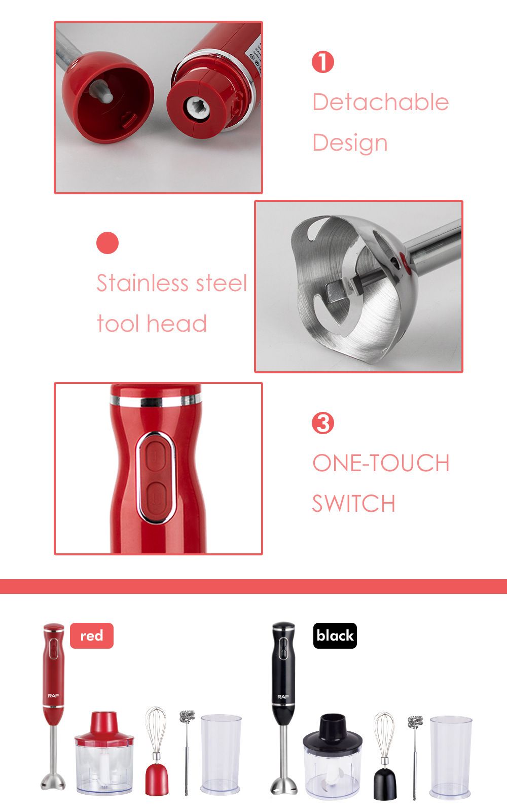 4-in-1 Multifunctional Handheld Immersion Blender Set with Egg Whisk, Chopper, Milk Frother and 700ml Beaker for Smoothies, Baby Food, Meat Mincing and Baking (Red)