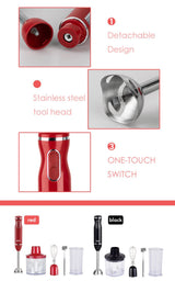 4-in-1 Multifunctional Handheld Immersion Blender Set with Egg Whisk, Chopper, Milk Frother and 700ml Beaker for Smoothies, Baby Food, Meat Mincing and Baking (Red)