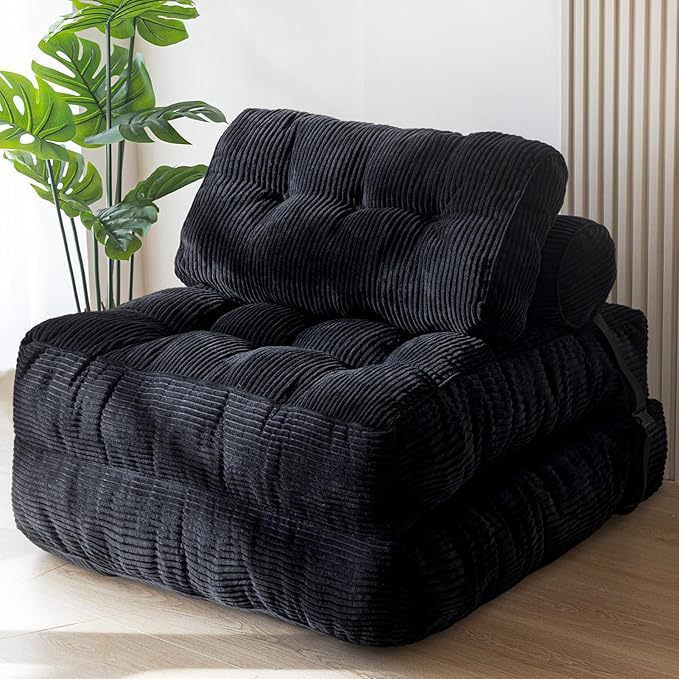 Convertible Folding Sofa Bed with Pumpkin Design, Corduroy Fabric, 3D Tufted Backrest, and Cylindrical Pillow for Living Room, Guest Room, and Small Apartments (Black)