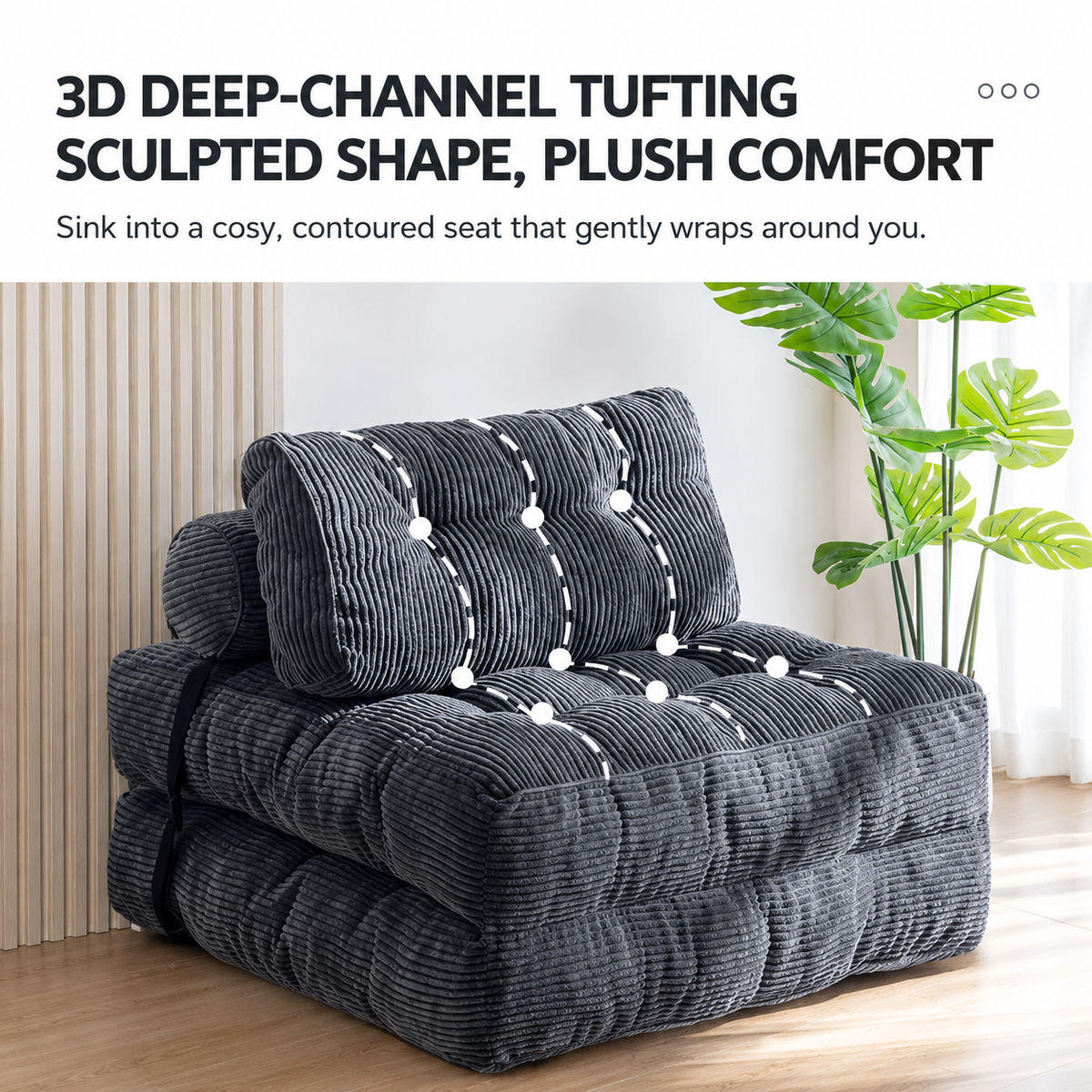 Convertible Folding Sofa Bed with Pumpkin Design, Corduroy Fabric, 3D Tufted Backrest, and Cylindrical Pillow for Living Room, Guest Room, and Small Apartments (Black)