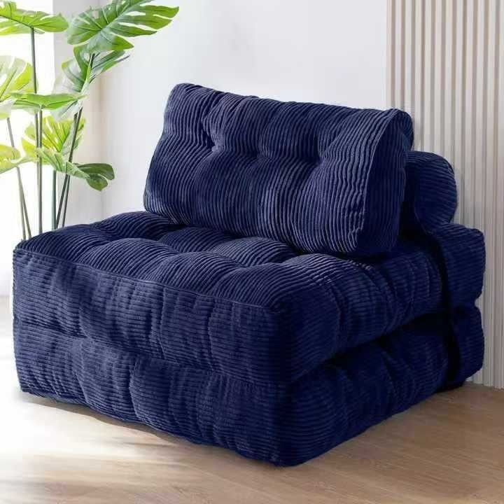 Convertible Folding Sofa Bed with Pumpkin Design, Corduroy Fabric, 3D Tufted Backrest, and Cylindrical Pillow for Living Room, Guest Room, and Small Apartments (Black)