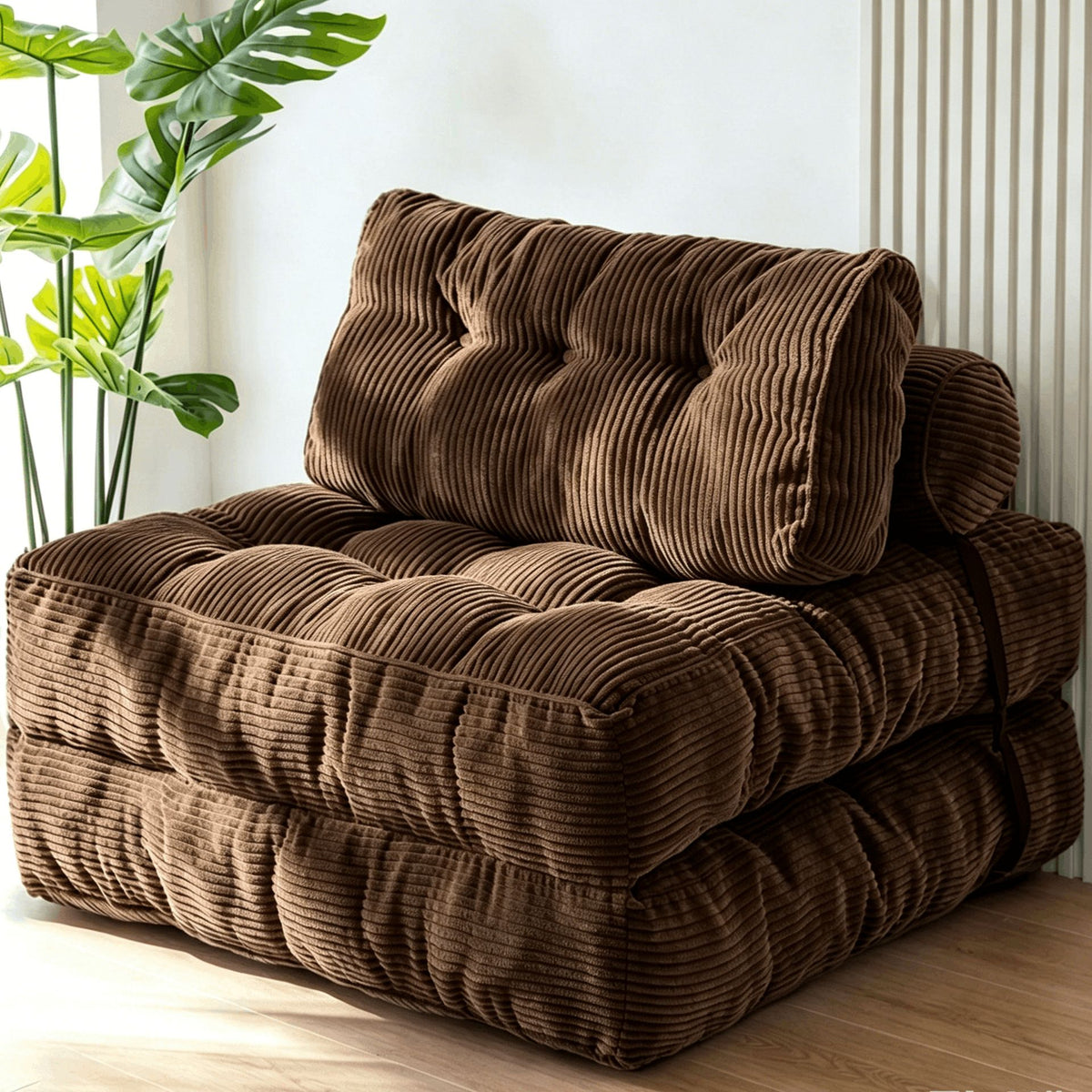 Convertible Folding Sofa Bed with Pumpkin Design, Corduroy Fabric, 3D Tufted Backrest, and Cylindrical Pillow for Living Room, Guest Room, and Small Apartments (Brown)