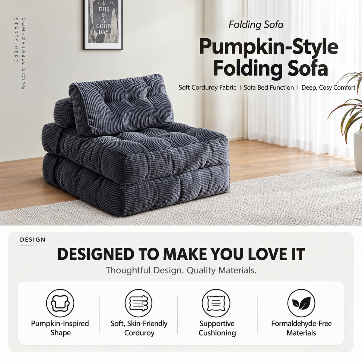 Convertible Folding Sofa Bed with Pumpkin Design, Corduroy Fabric, 3D Tufted Backrest, and Cylindrical Pillow for Living Room, Guest Room, and Small Apartments (Brown)