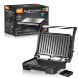1000W Electric Indoor Grill and Panini Press with Non-Stick Double-Sided Plates, 180-Degree Open Flat Design for Steaks, Skewers, Sausages and Sandwiches, Compact Countertop Cooking Appliance for Everyday Home Meals (Silver)