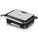 1000W Electric Indoor Grill and Panini Press with Non-Stick Double-Sided Plates, 180-Degree Open Flat Design for Steaks, Skewers, Sausages and Sandwiches, Compact Countertop Cooking Appliance for Everyday Home Meals (Silver)