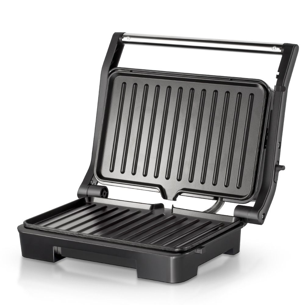 1000W Electric Indoor Grill and Panini Press with Non-Stick Double-Sided Plates, 180-Degree Open Flat Design for Steaks, Skewers, Sausages and Sandwiches, Compact Countertop Cooking Appliance for Everyday Home Meals (Silver)