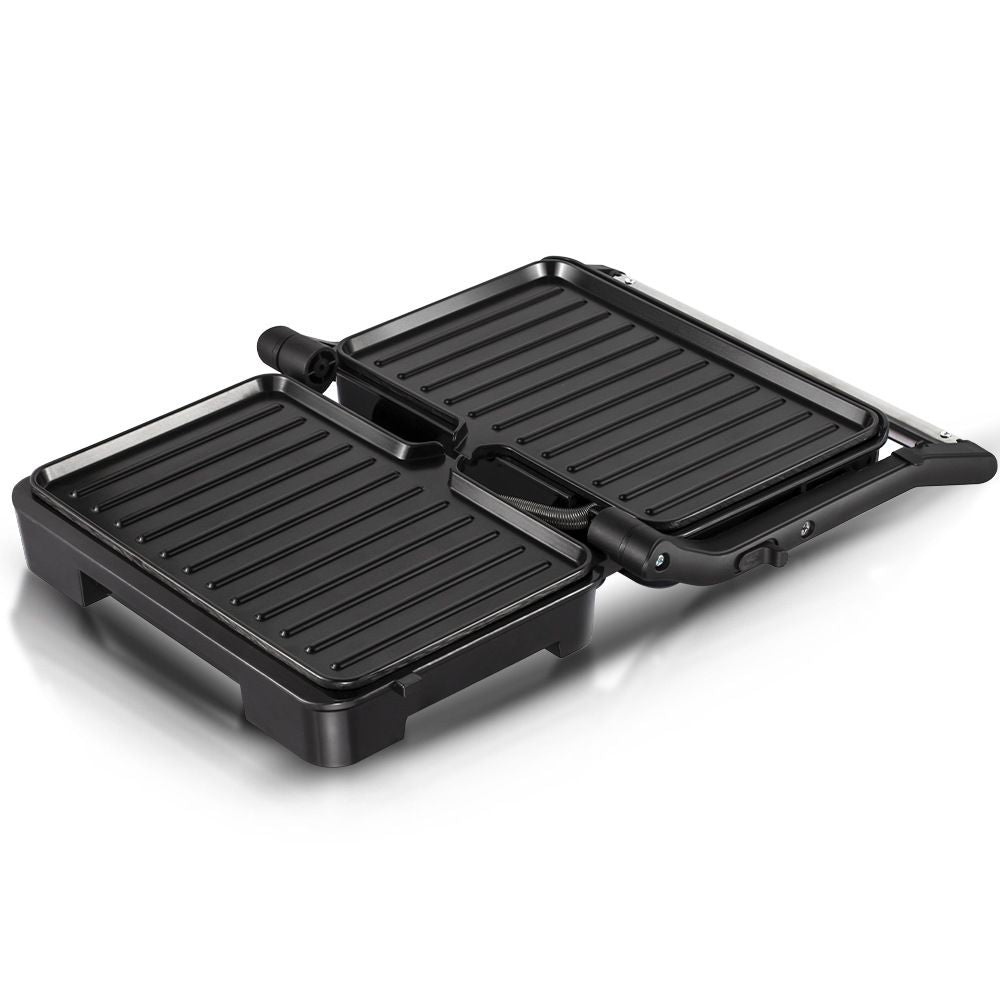 1000W Electric Indoor Grill and Panini Press with Non-Stick Double-Sided Plates, 180-Degree Open Flat Design for Steaks, Skewers, Sausages and Sandwiches, Compact Countertop Cooking Appliance for Everyday Home Meals (Silver)