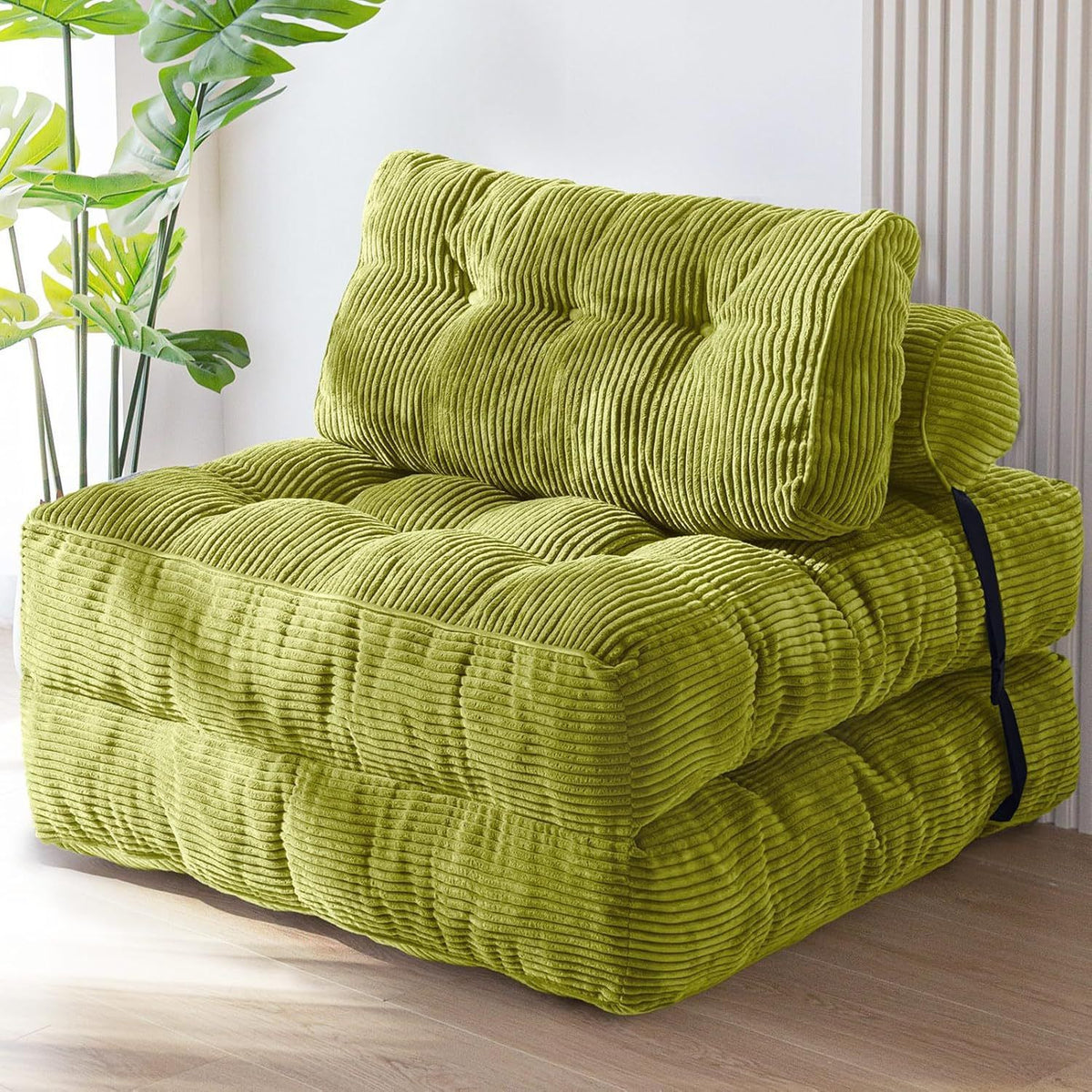 Convertible Folding Sofa Bed Pumpkin Design Corduroy Fabric Two-in-One Lounger for Living Room Bedroom Small Apartments Guest Room Daily Relaxation and Overnight Sleeping (Beige)