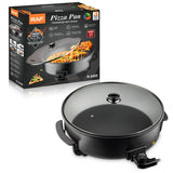 Electric Pizza Pan with Non-Stick Surface and Glass Lid, Adjustable Temperature Control for Home Baking and Grilling (Black)