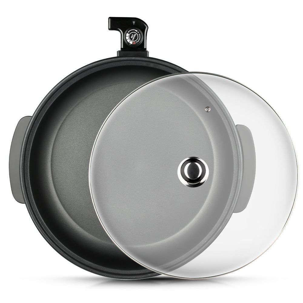 Electric Pizza Pan with Non-Stick Surface and Glass Lid, Adjustable Temperature Control for Home Baking and Grilling (Black)