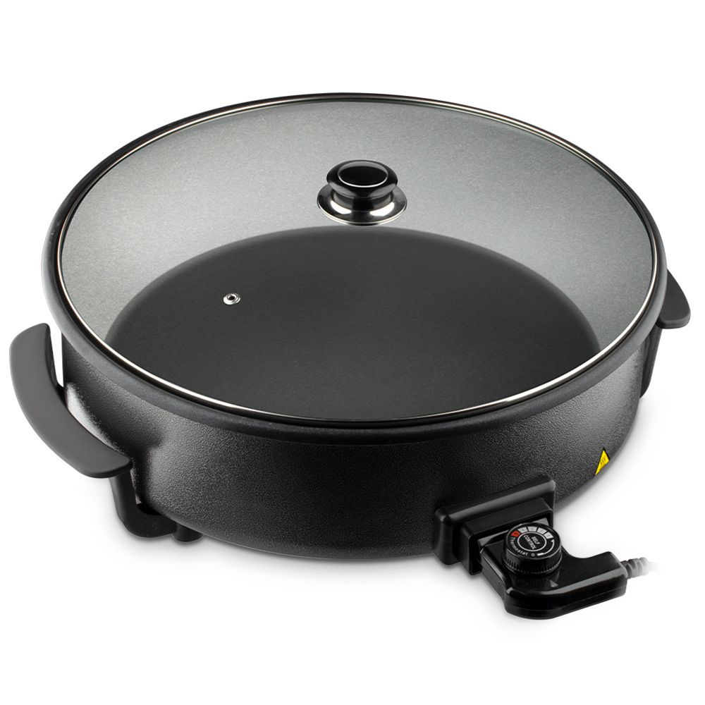 Electric Pizza Pan with Non-Stick Surface and Glass Lid, Adjustable Temperature Control for Home Baking and Grilling (Black)