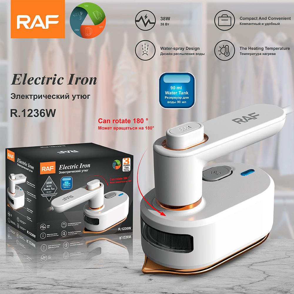 Portable Handheld Steam Iron with 180° Rotating Handle for Home and Travel, Compact Garment Steamer for Wrinkle Removal and Fabric Care (White)