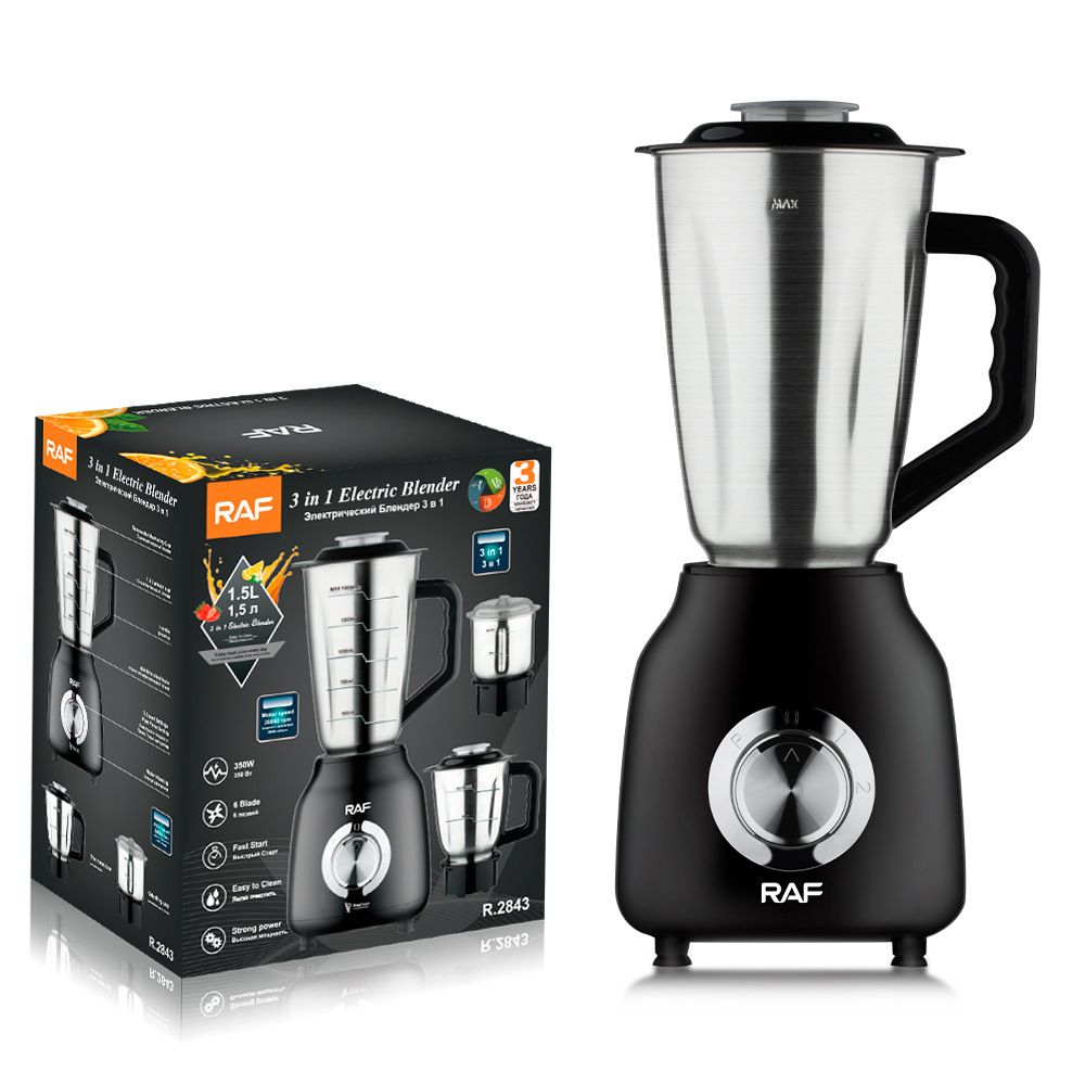 3-in-1 Electric Blender with Stainless Steel Jars, 350W Motor for Smoothies, Grinding, and Baby Food Prep in Home Kitchens (Black)
